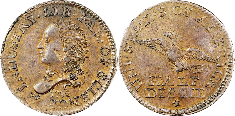 1792 half disme, obverse and reverse — the first coins struck by the United States Mint