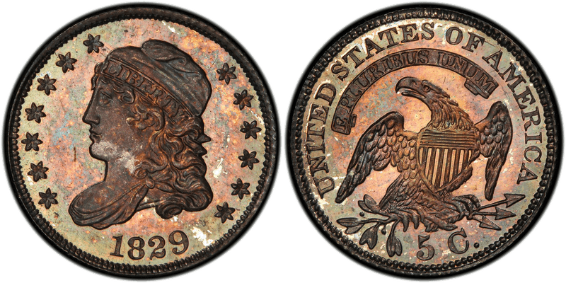 1829 Capped Bust half dime, obverse and reverse