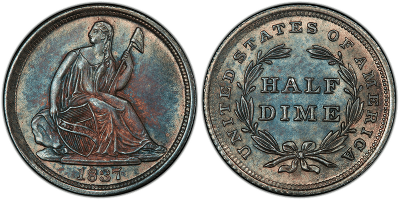 1837 Seated Liberty half dime, No Stars type, obverse and reverse
