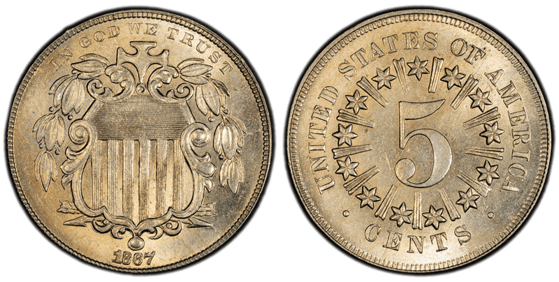 1867 Shield Nickel with Rays — the first U.S. five-cent coin in copper-nickel