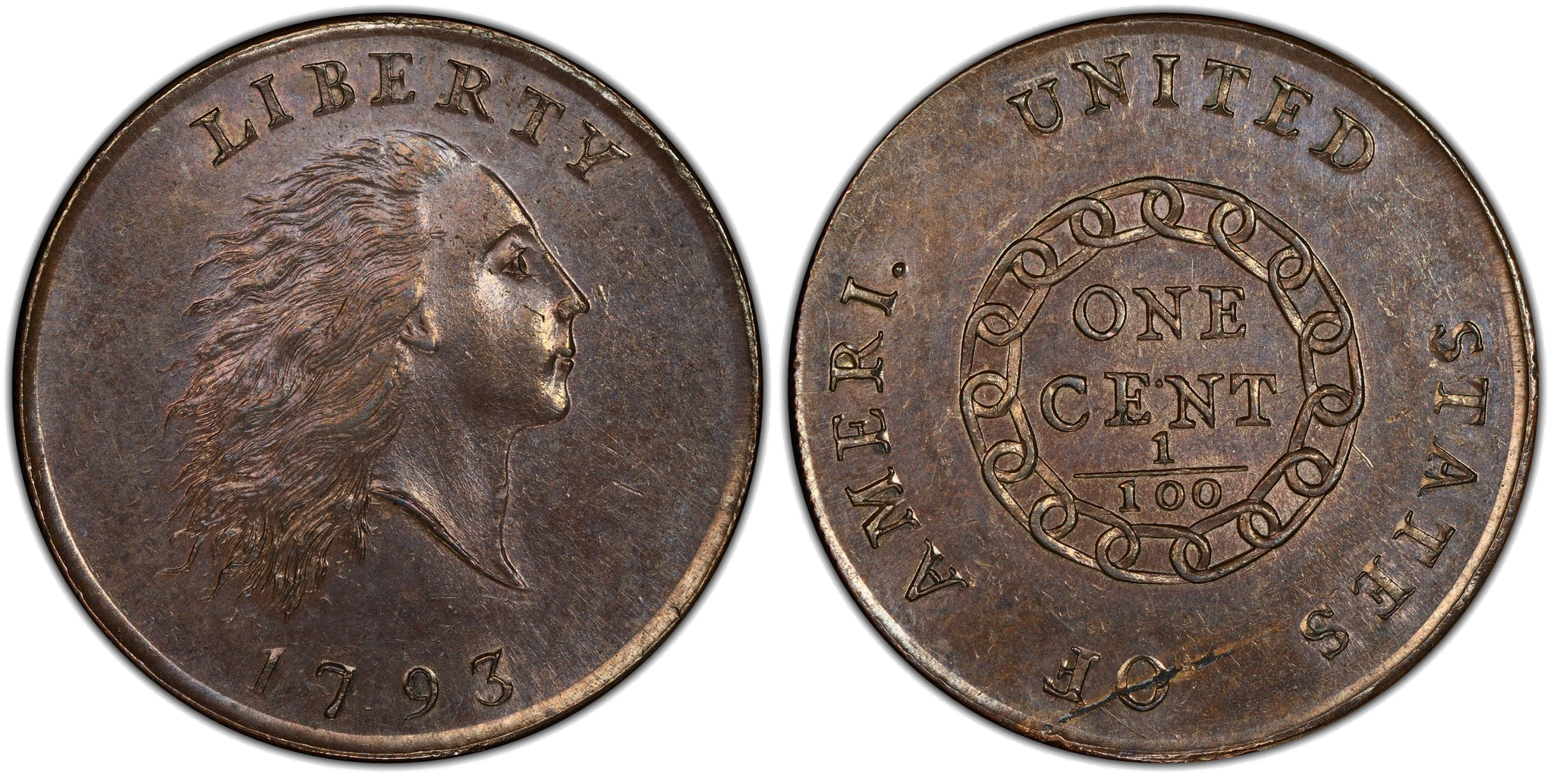 1793 Flowing Hair Chain Cent — the first U.S. cent