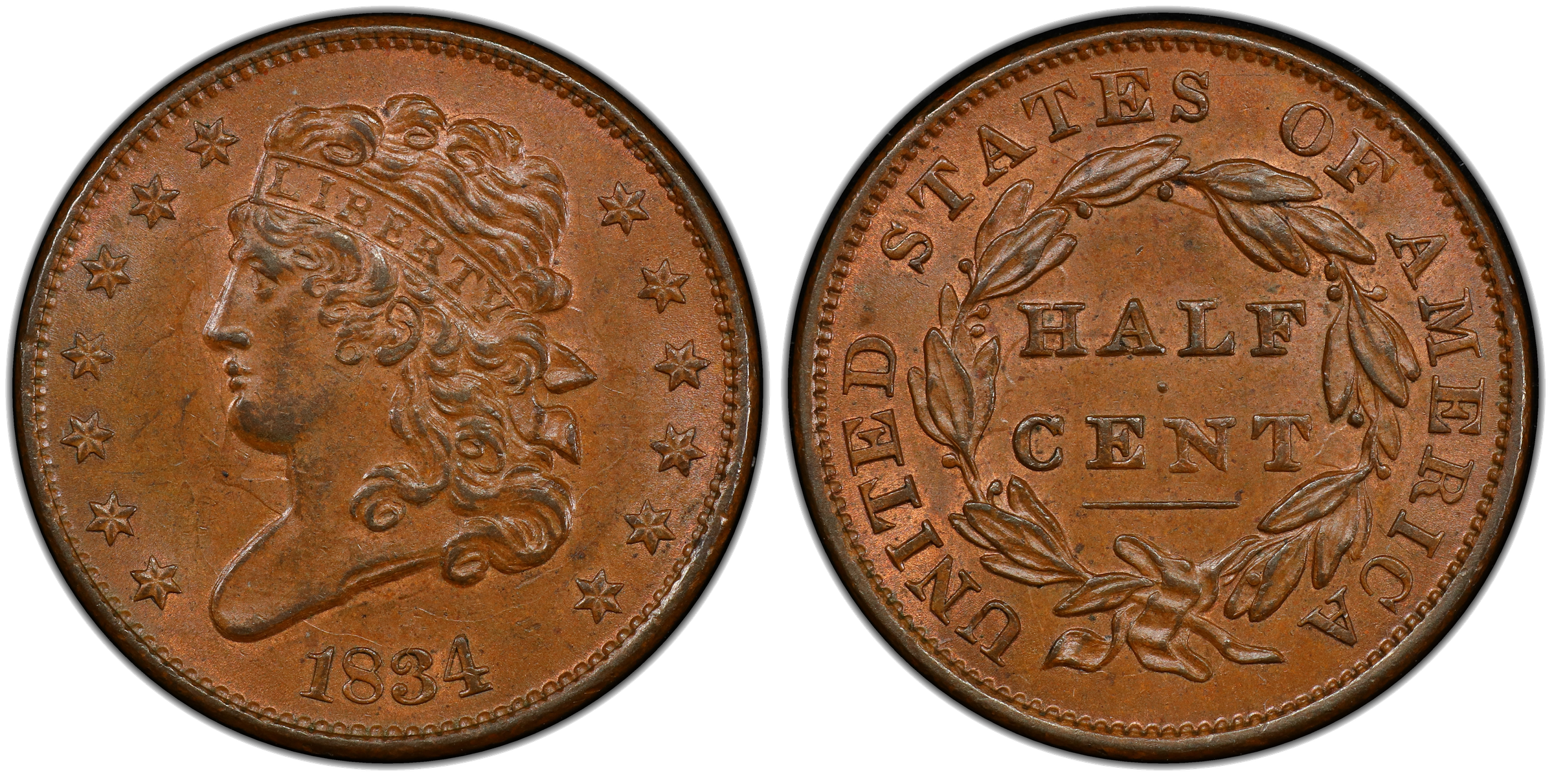 1834 Classic Head half cent showing die clash marks