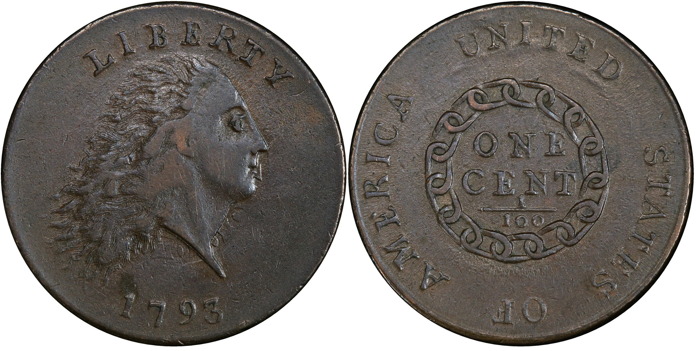1793 Chain cent AMERICA variety showing die clash on obverse