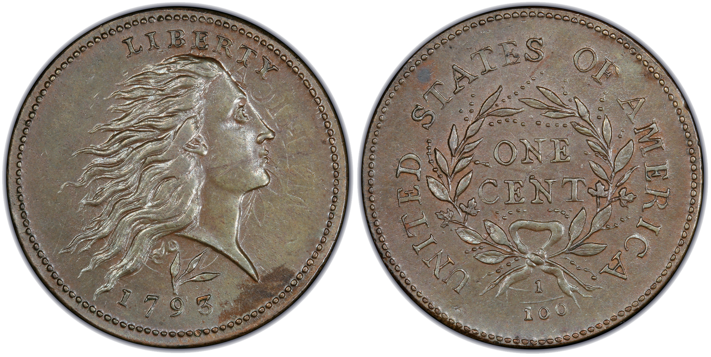1793 Wreath cent Lettered Edge variety showing dramatic die clash