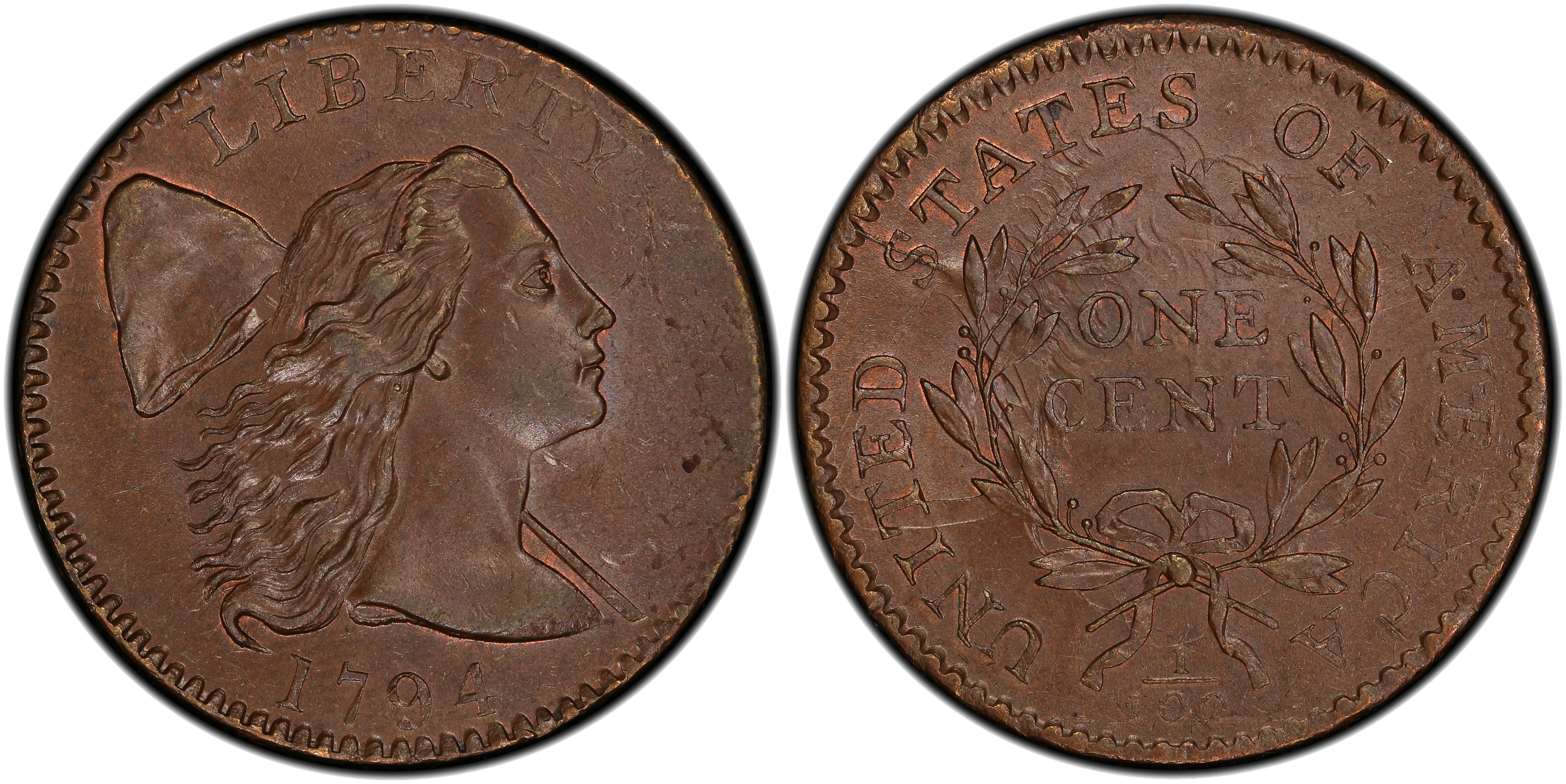 1794 Head of 1794 large cent showing die clash on reverse