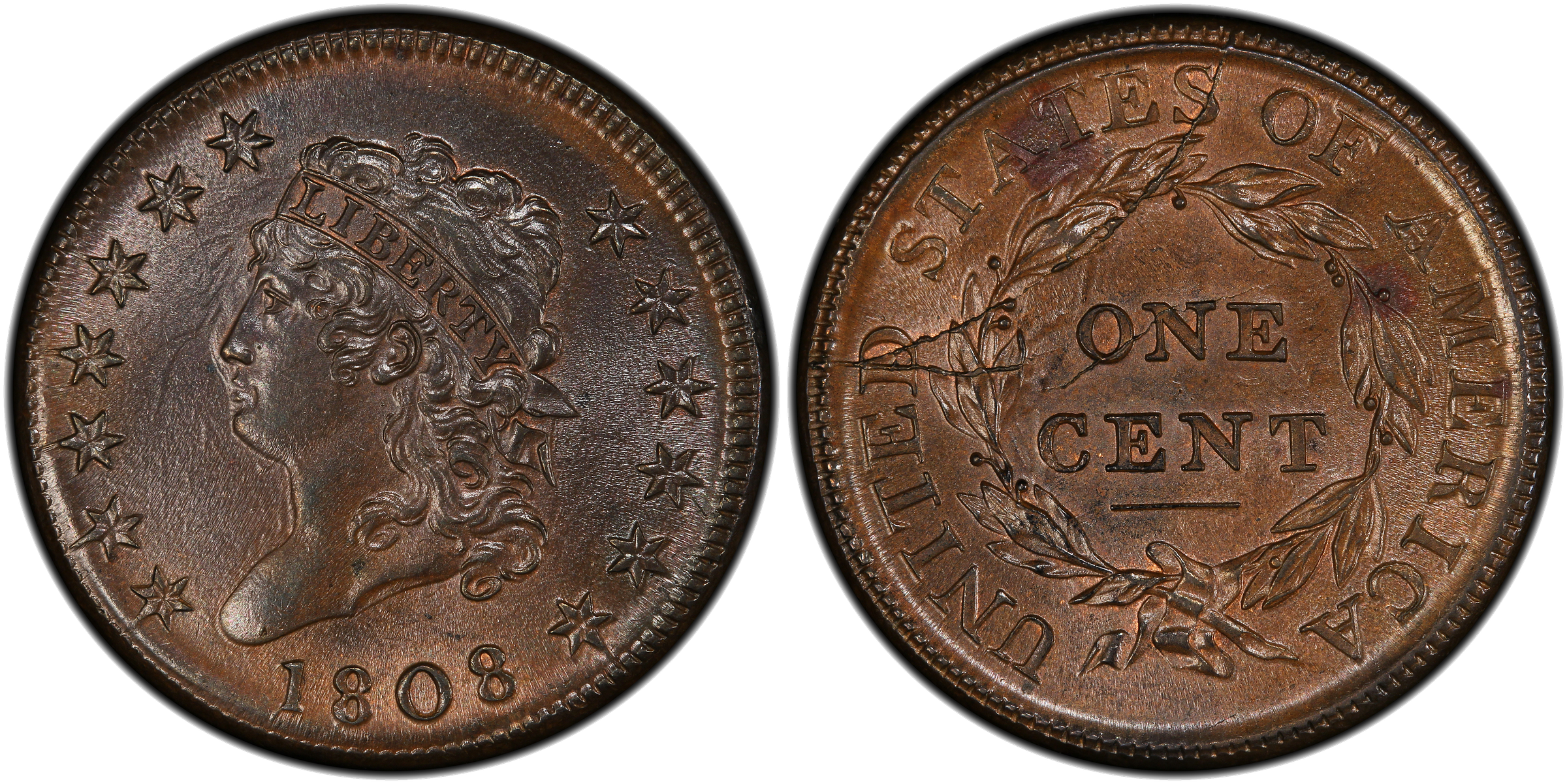 1808 Classic Head large cent S-277 showing die clash on obverse