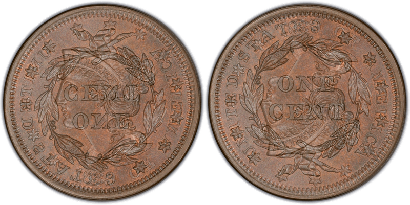Die clash overlay for 1839 Braided Hair Coronet cent