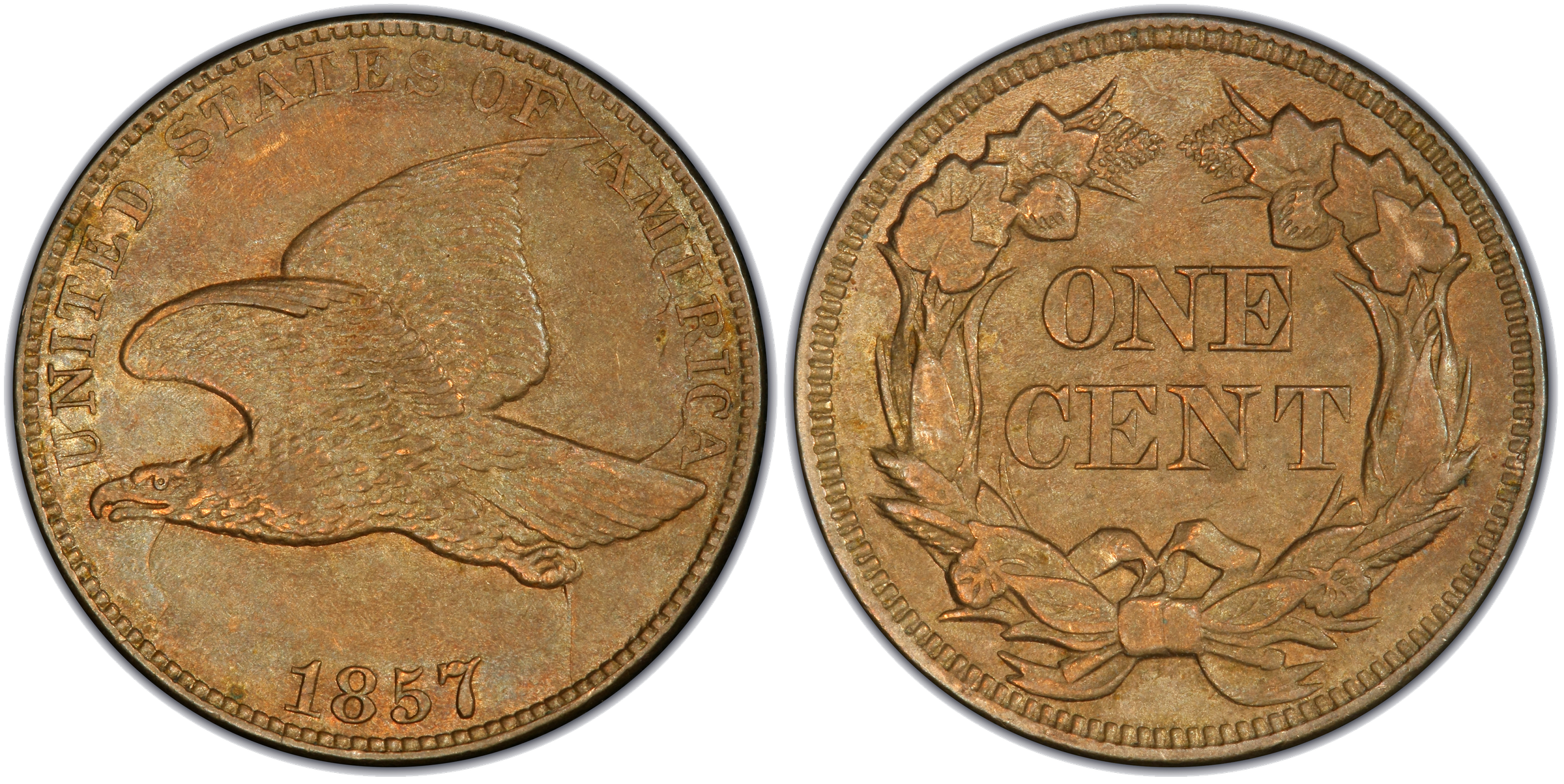 1857 Flying Eagle cent mule die clash with twenty-dollar gold piece die, FS-403