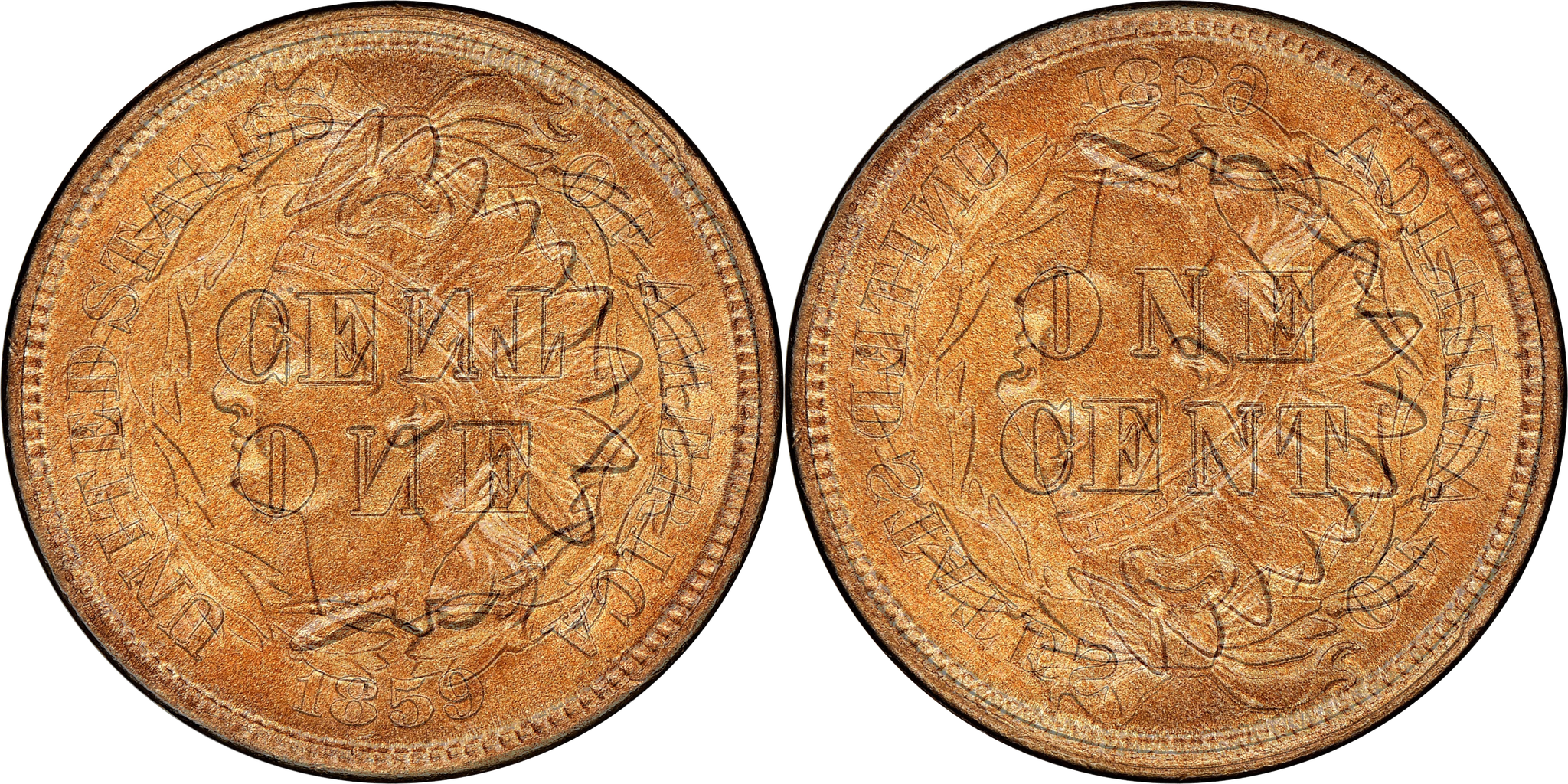 Die clash overlay for 1859 Indian Head cent showing obverse and reverse superimposed — laurel wreath reverse