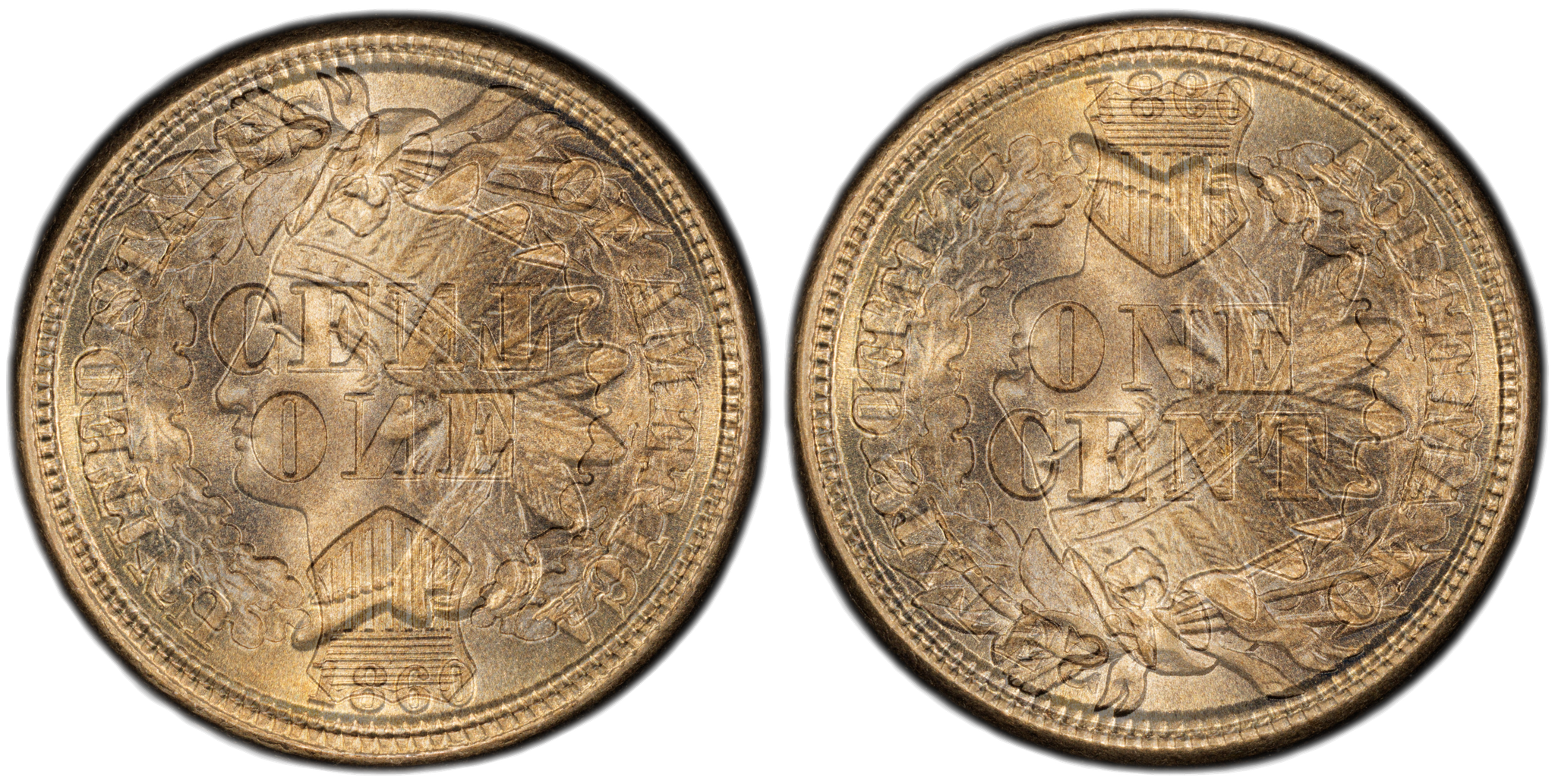 Die clash overlay for 1860 Indian Head cent showing obverse and reverse superimposed — oak wreath with shield reverse