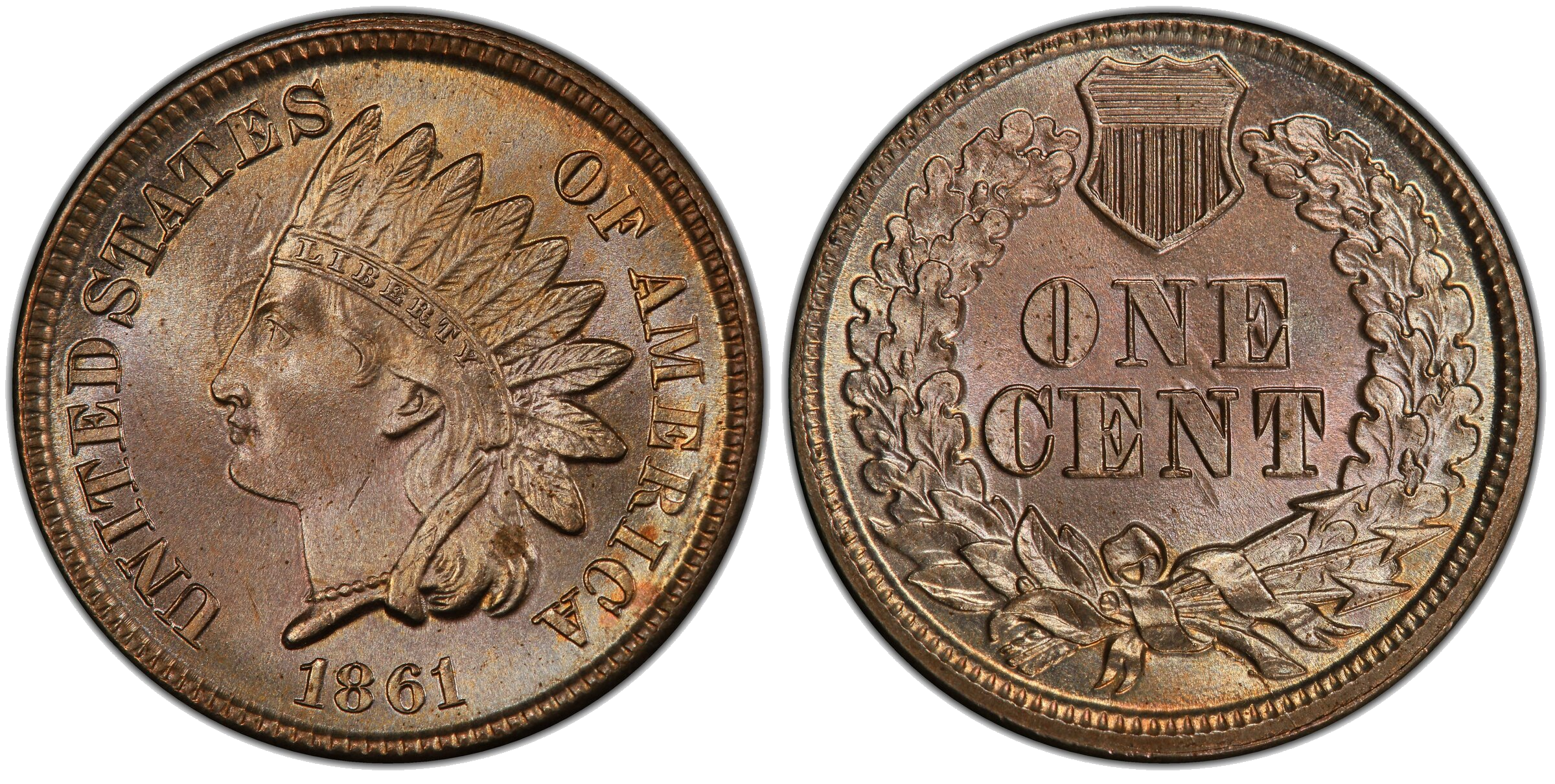 1861 Indian Head cent die clash — C from CENT clashed in front of Liberty's eye on obverse