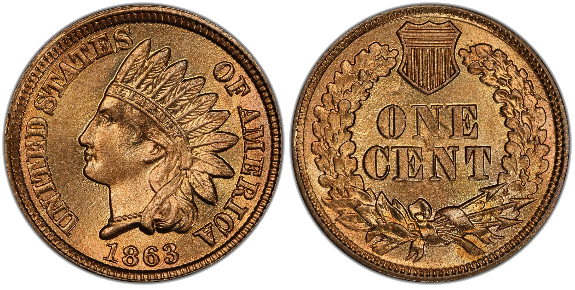 1863 Indian Head cent die clash — ear between N and E in ONE, neck on bottom left of shield