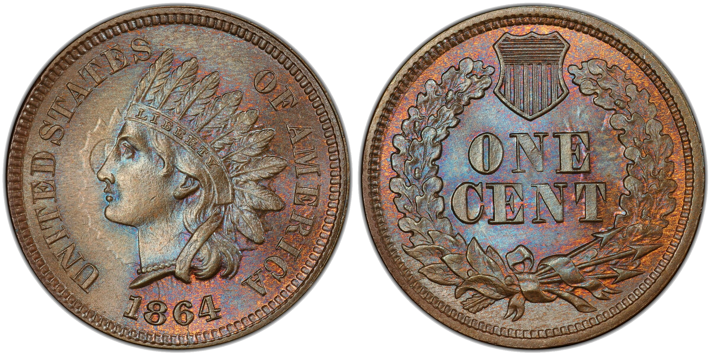 1864 Bronze L on Ribbon Indian Head cent die clash — C and wreath clashed in front of Liberty on obverse, feathers on reverse