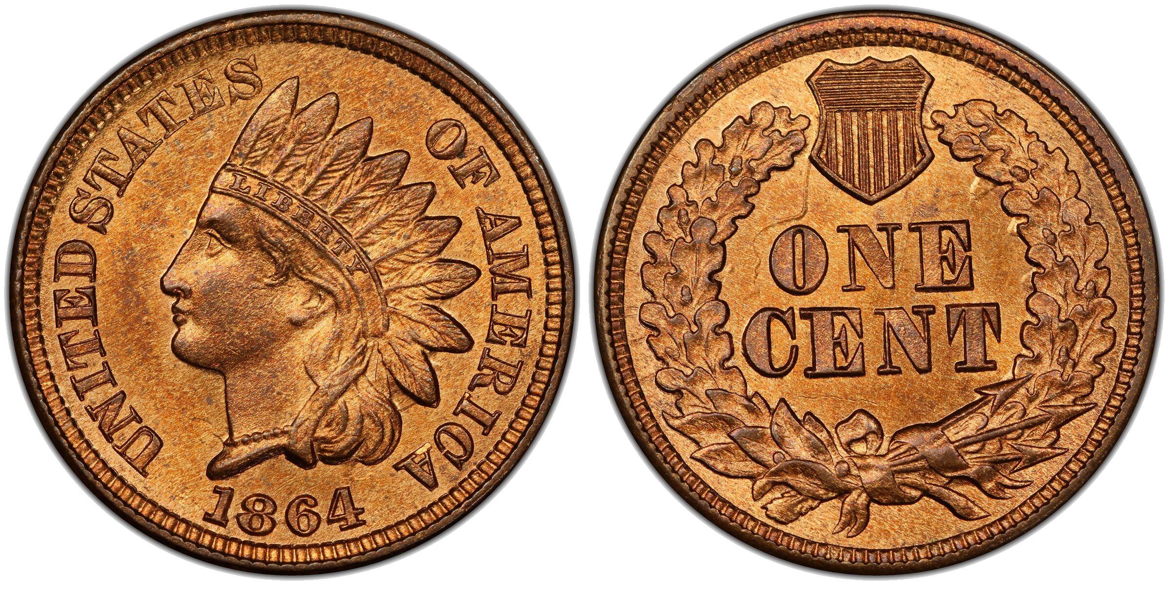 1864 Bronze No L Indian Head cent die clash — nearly full portrait clashed on reverse, wreath between bottom feathers on obverse
