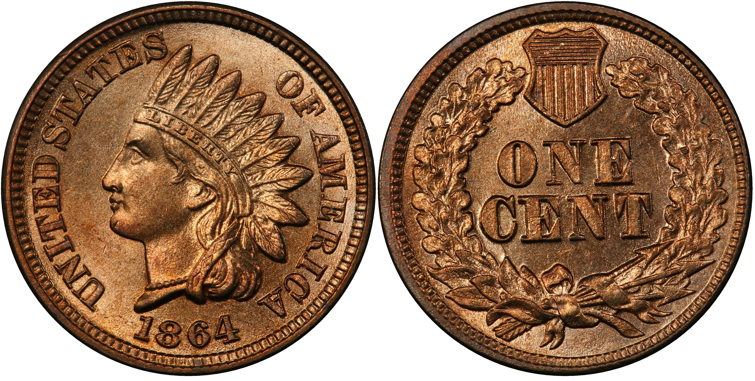1864 Copper-Nickel Indian Head cent die clash — nose clashed through C in CENT on reverse