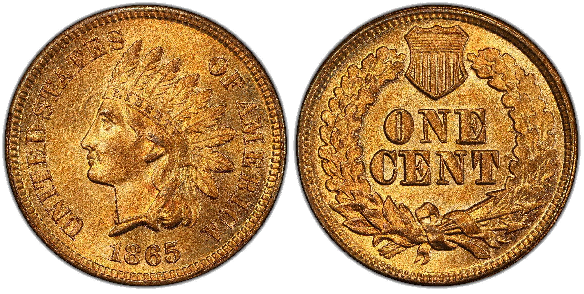 1865 Indian Head cent Fancy 5 die clash — nearly full clash on both sides with neck and chin triple-clashed on reverse