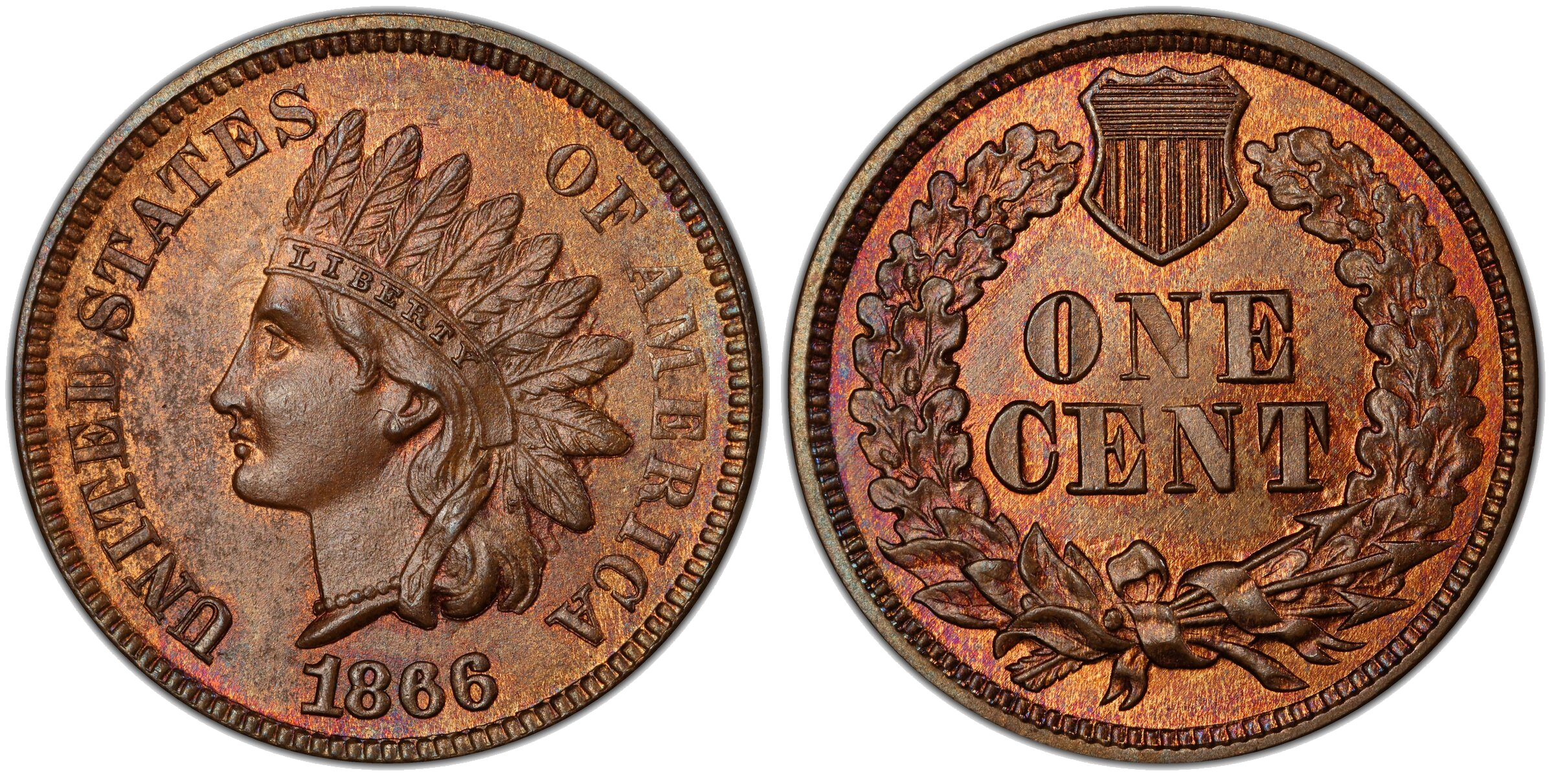 1866 Indian Head cent die clash — wreath clashed through feathers on obverse