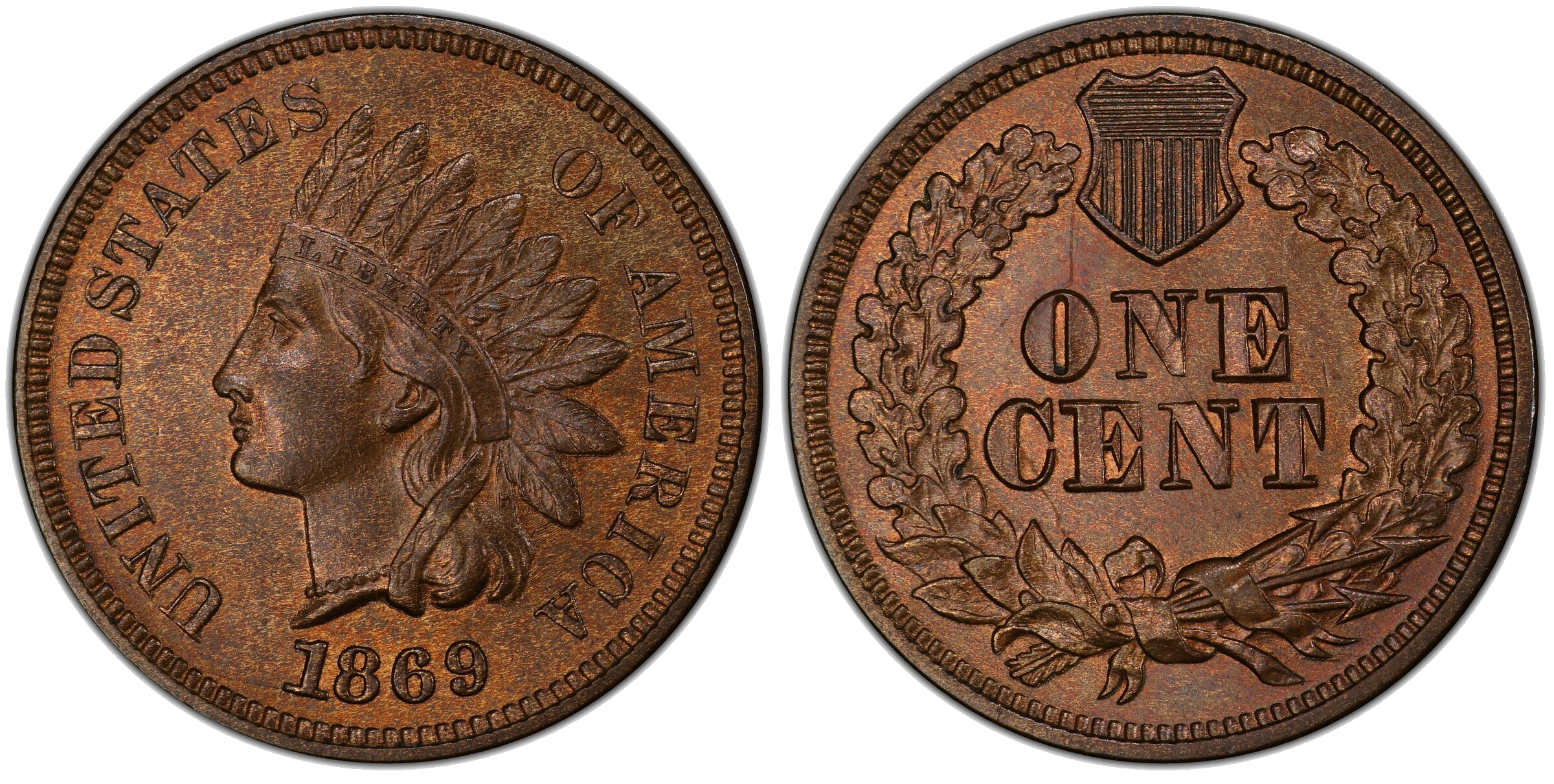 1869 Indian Head cent die clash — entire face of Liberty clashed onto the reverse