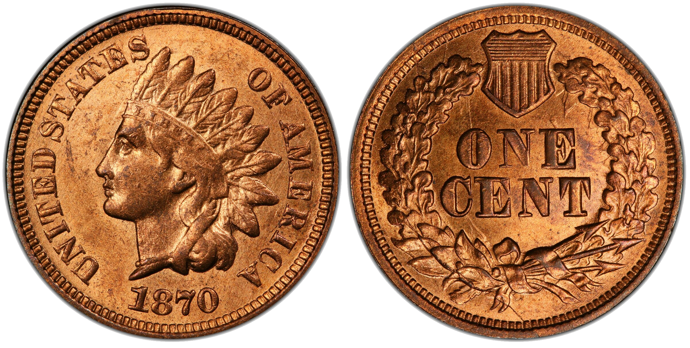 1870 Indian Head cent die clash — multiple clashes of forehead and nose under C, feathers inside right wreath on reverse
