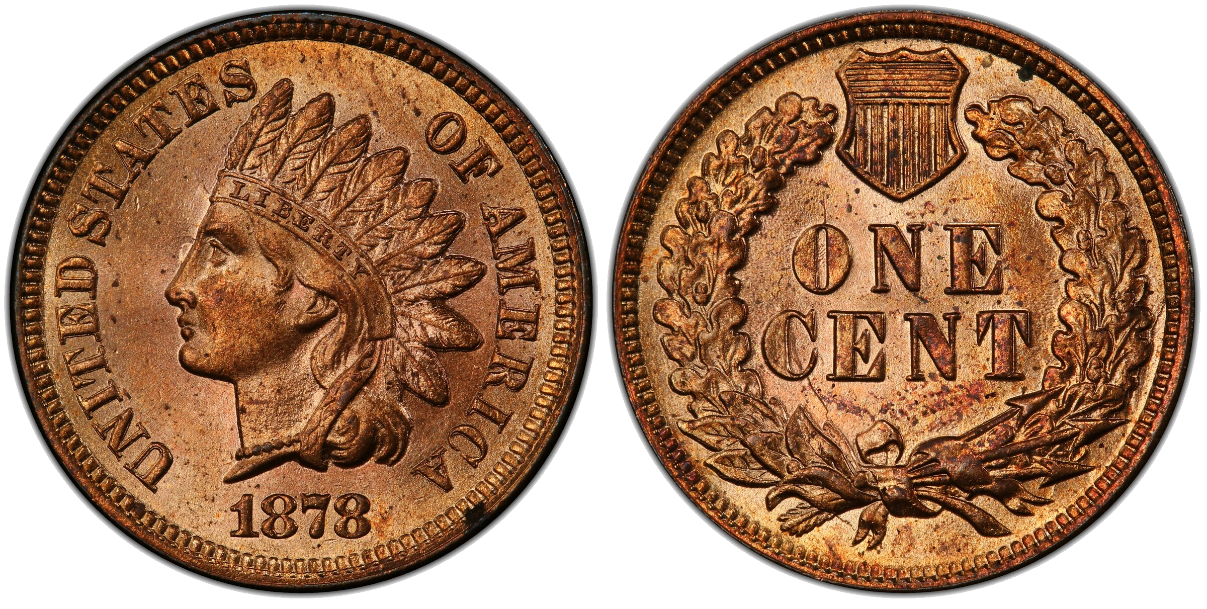 1878 Indian Head cent die clash — C on obverse, nose and forehead below C and neck above O on reverse