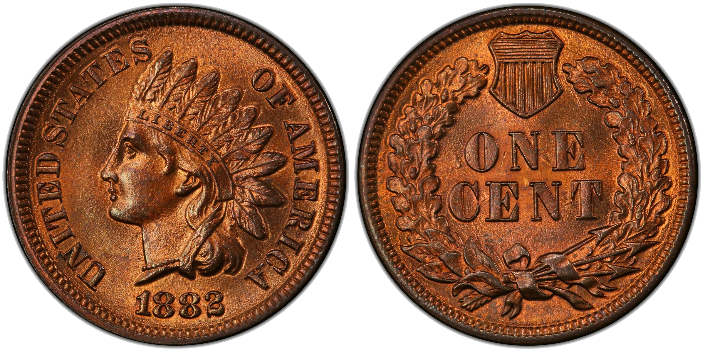1882 Indian Head cent reverse die clash — eye through CE, chin, lips, and forehead on reverse