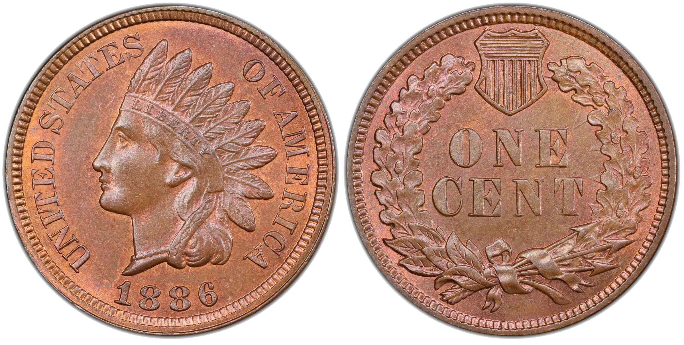 1886 Type 2 Indian Head cent die clash — nose and forehead below C, chin above O, feather inside right wreath on reverse