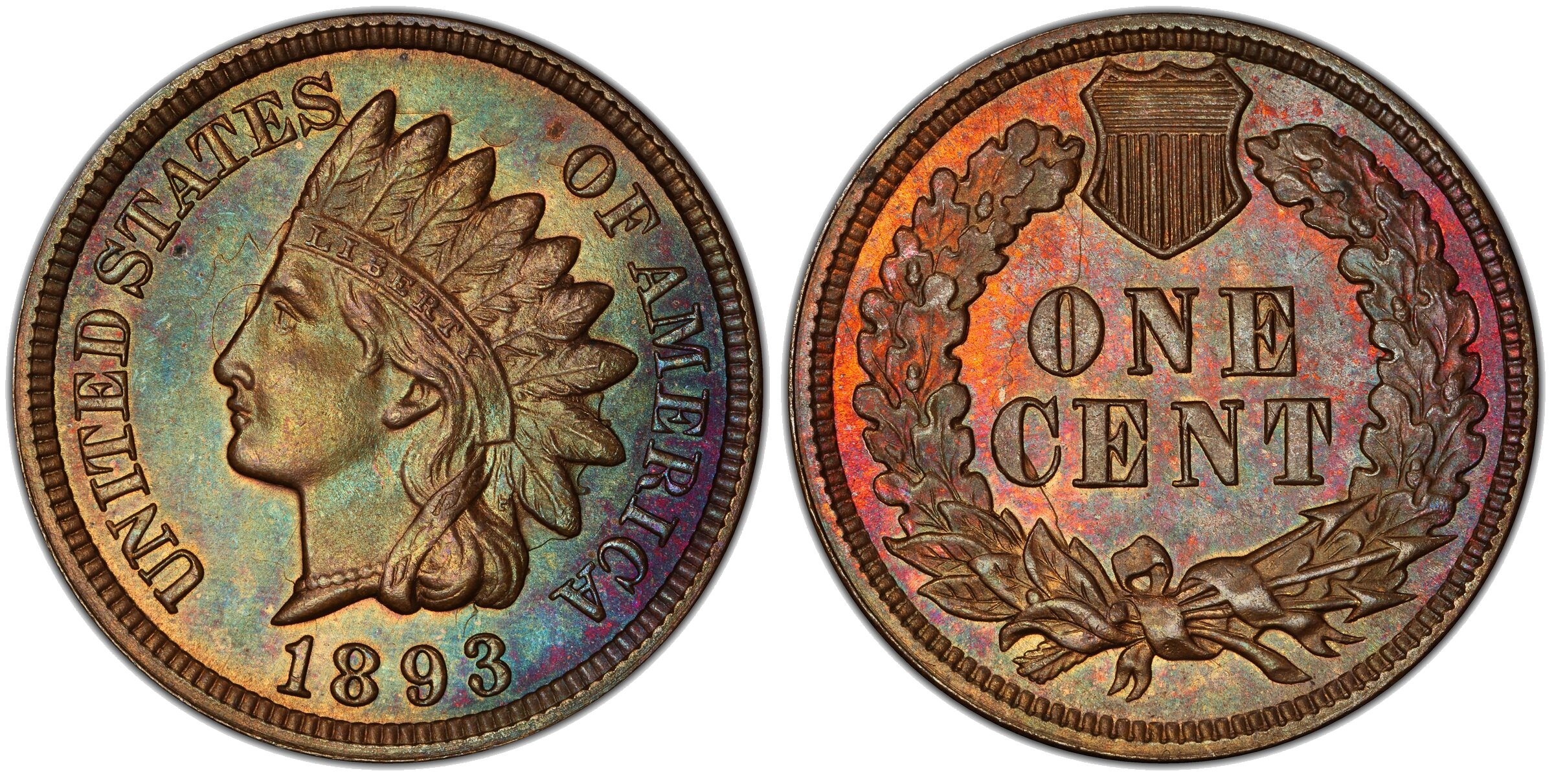 1893 Indian Head cent die clash — C and wreath on obverse, full front portrait clashed on reverse