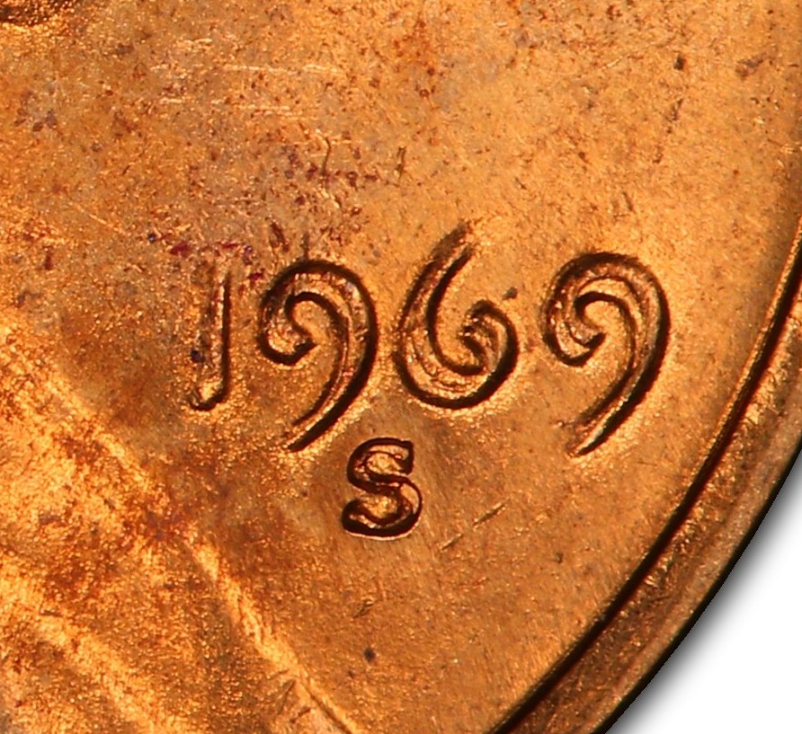 Close-up of date doubling on 1969-S DDO
