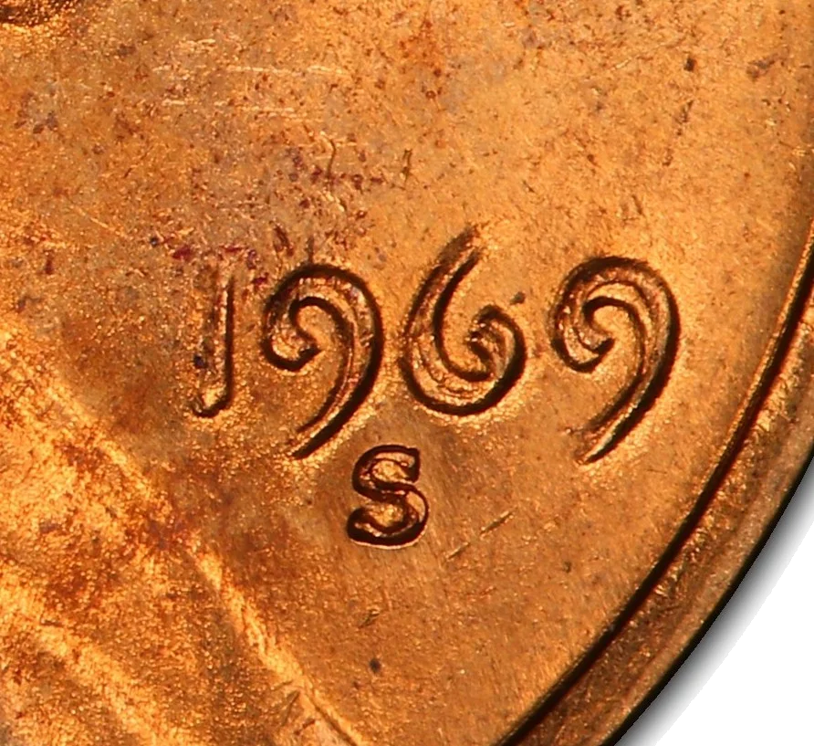 Close-up of date doubling on 1969-S DDO