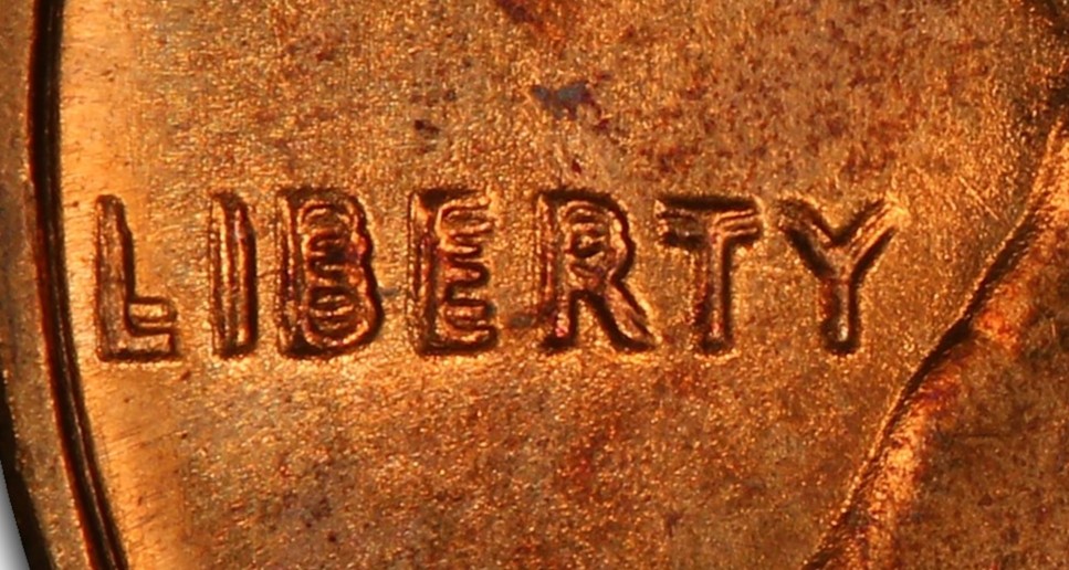 Close-up of LIBERTY doubling on genuine 1969-S DDO
