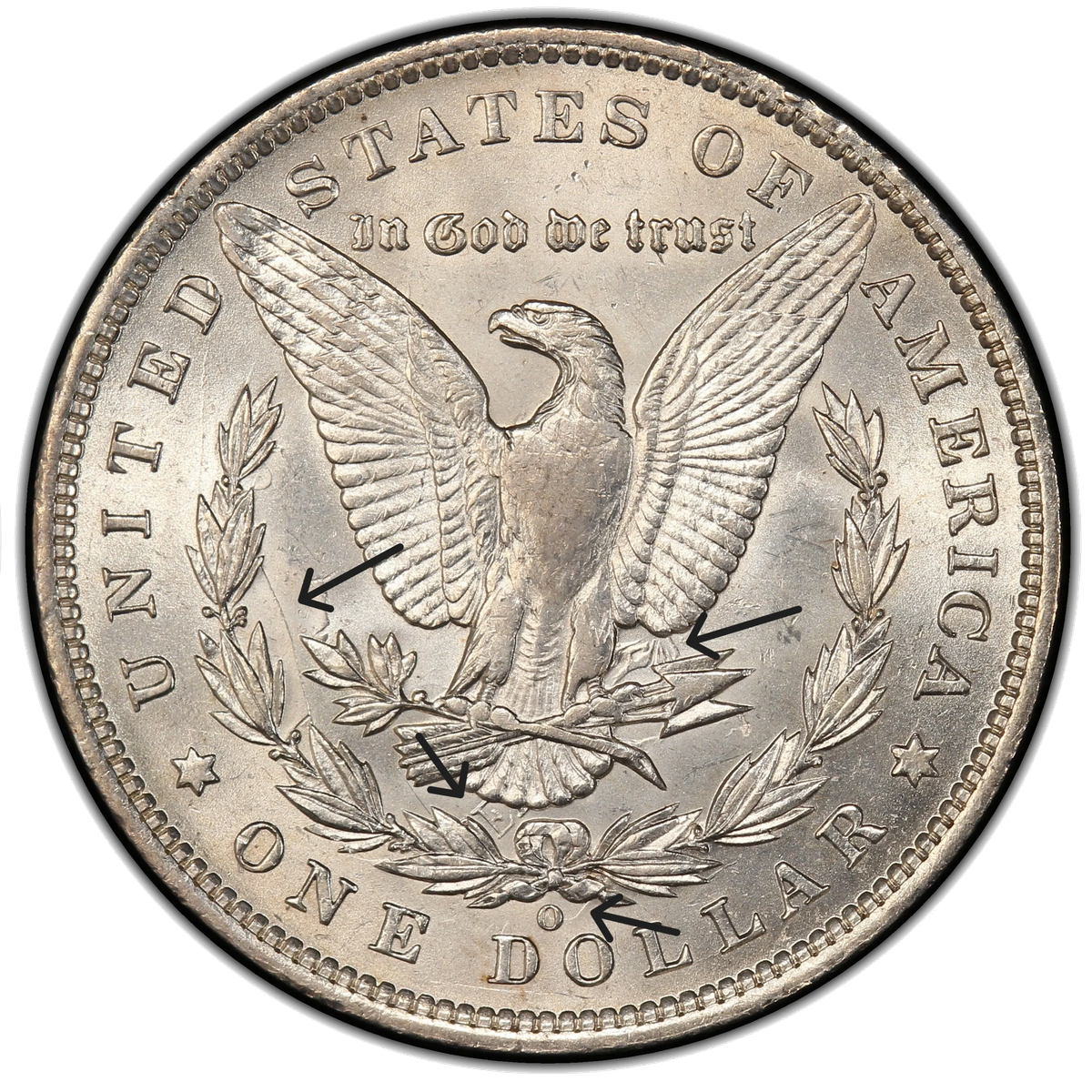 Standard die clash on a Morgan dollar showing ghost design transfer