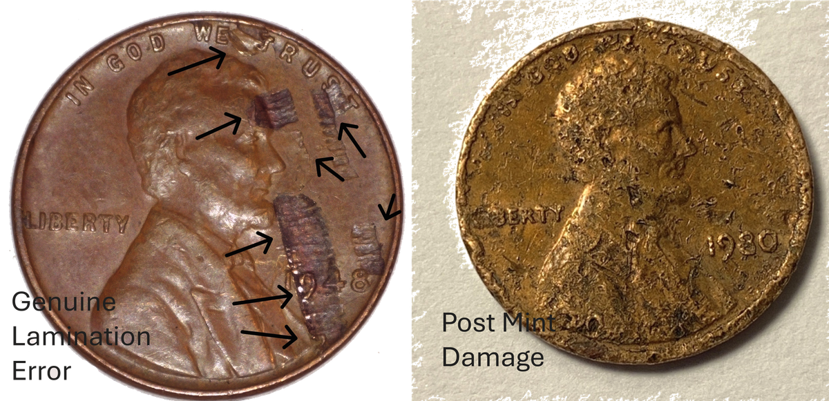 Genuine mint error with intact flow lines compared to post-mint damage with disturbed metal