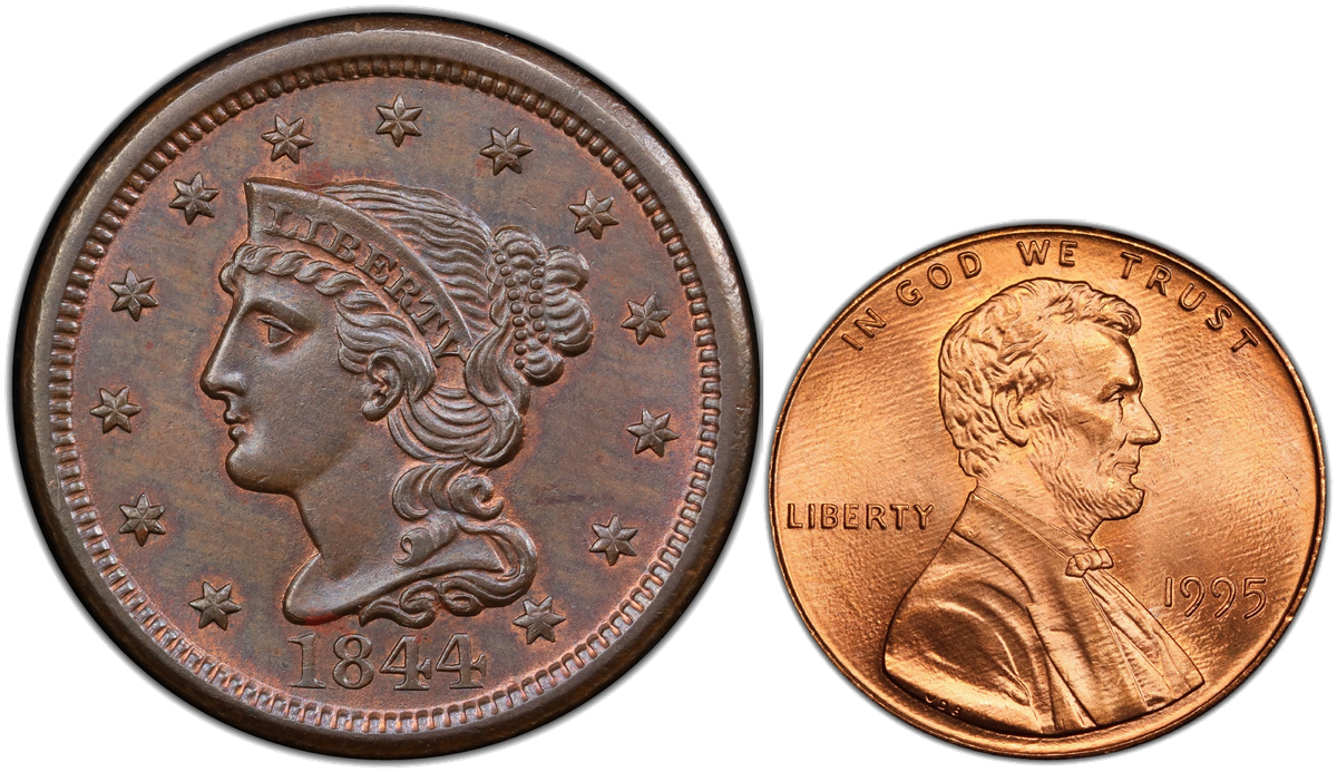 Large cent next to a modern Lincoln cent showing the dramatic size difference