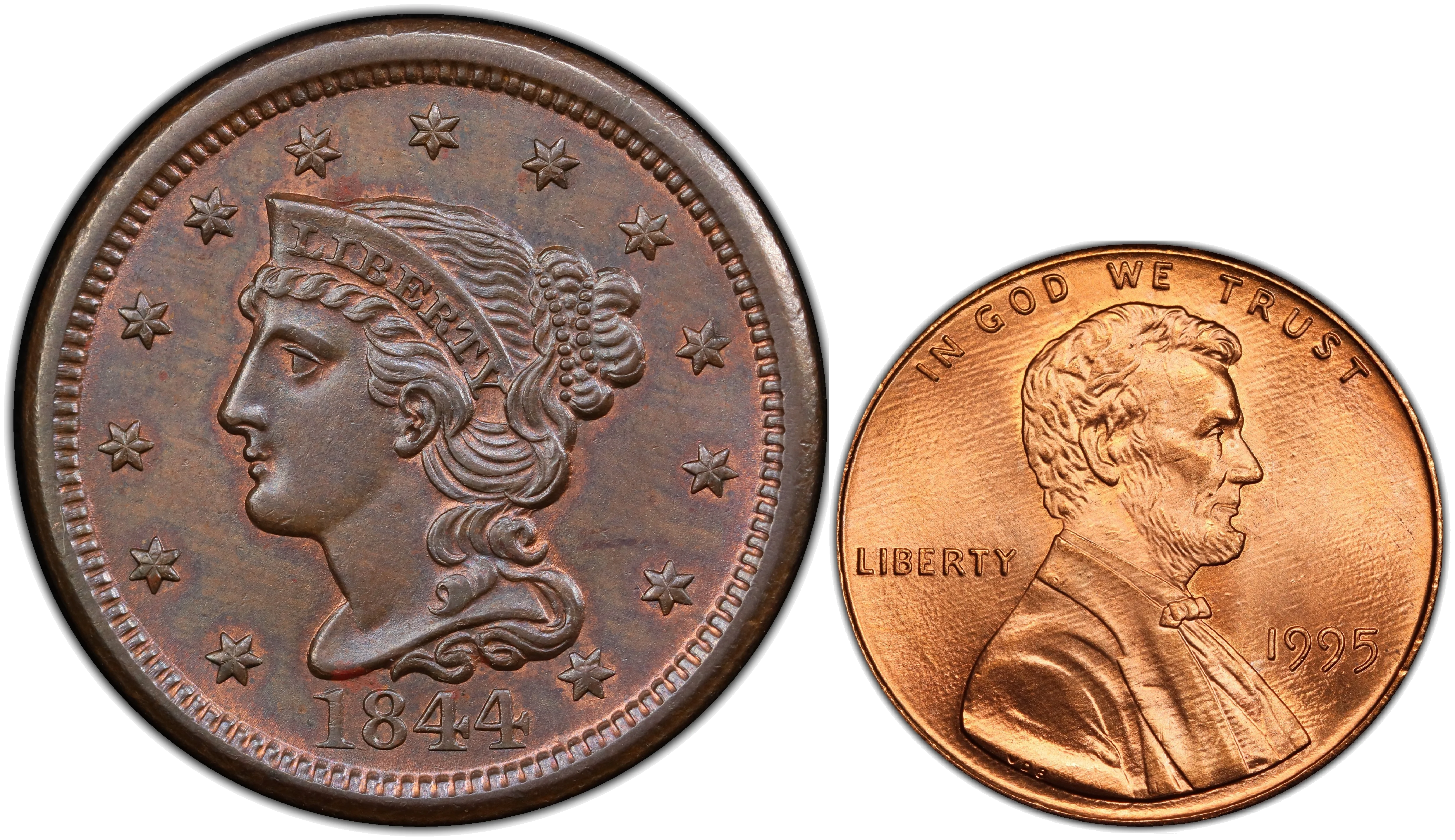Large cent next to a modern Lincoln cent showing the dramatic size difference