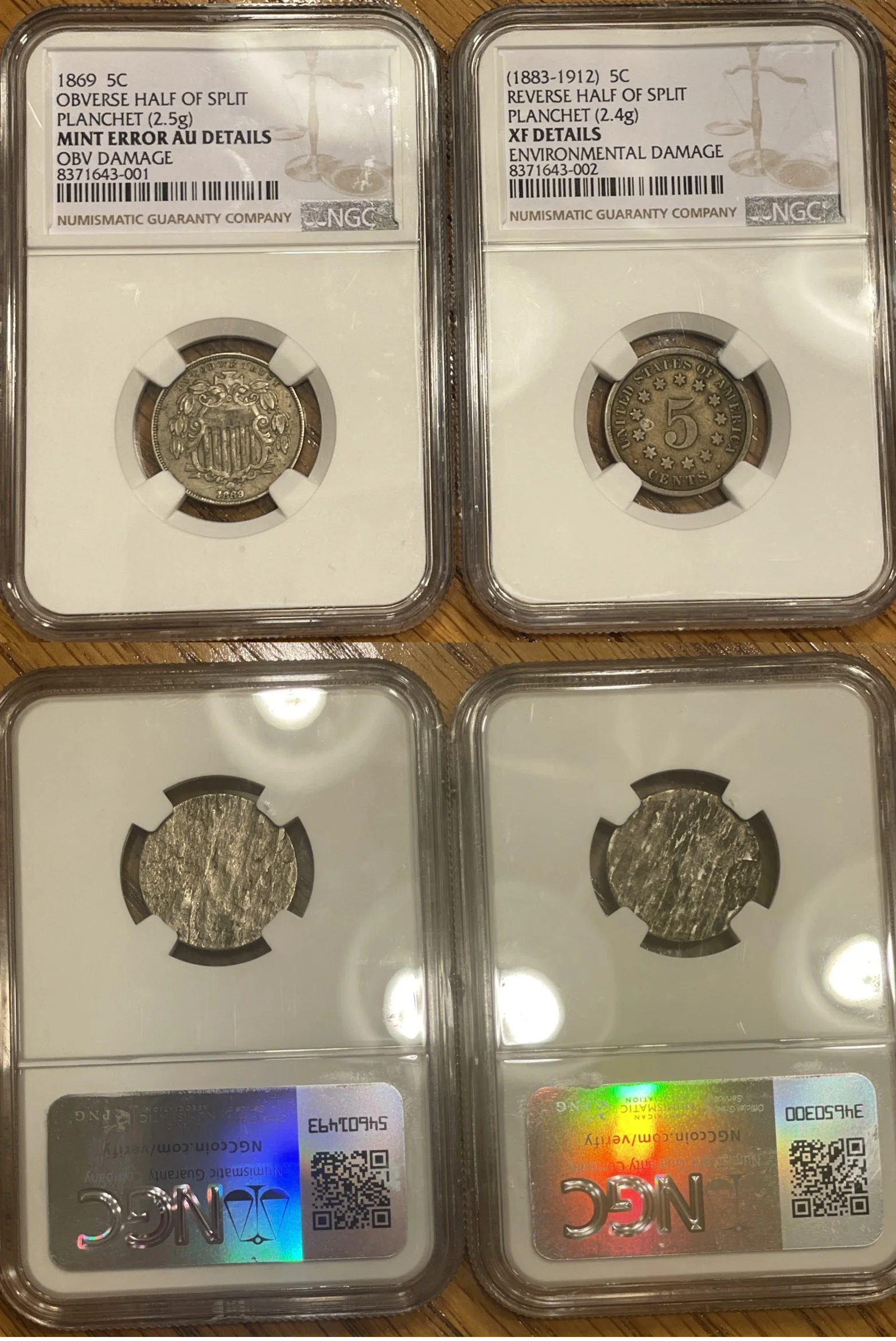Both halves of a split planchet reunited showing obverse and reverse