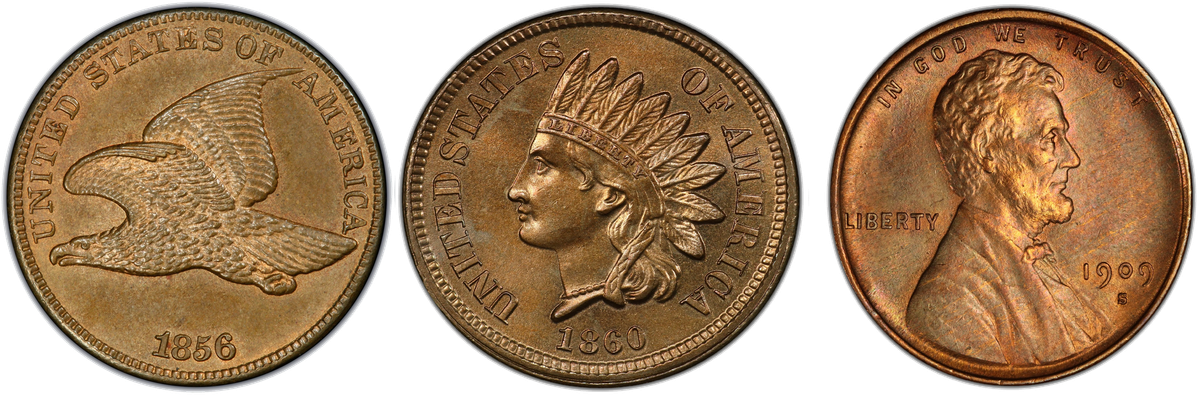 Small cent type set showing Flying Eagle, Indian Head, and Lincoln cents side by side