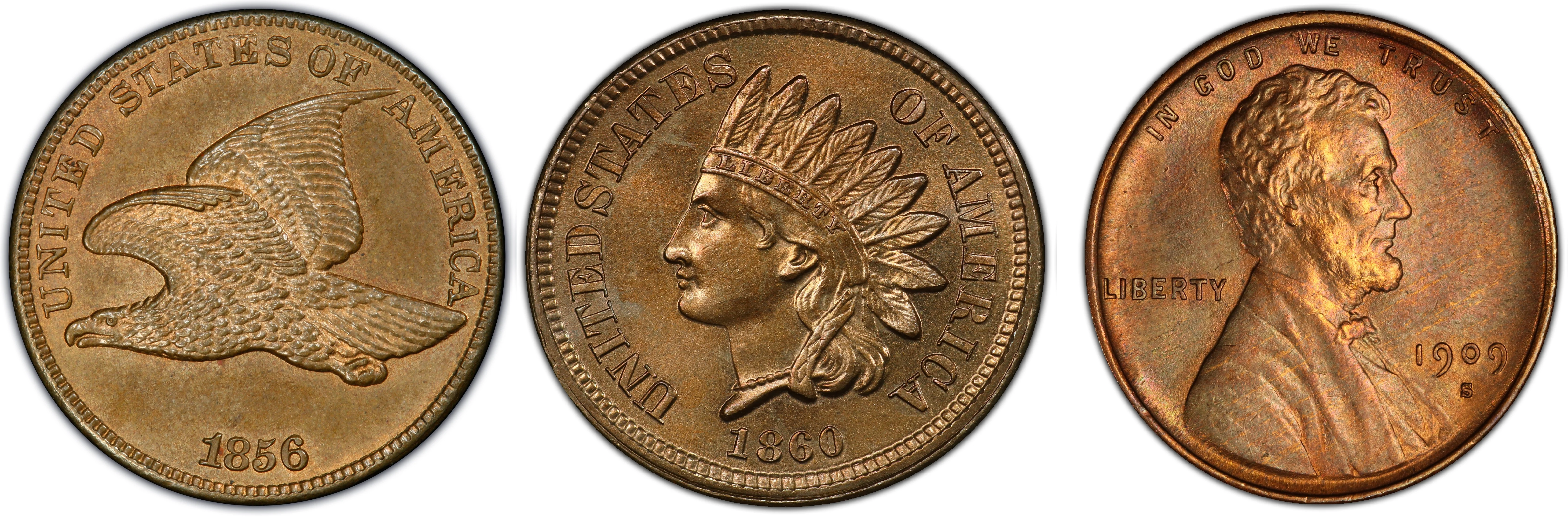 Small cent type set showing Flying Eagle, Indian Head, and Lincoln cents side by side