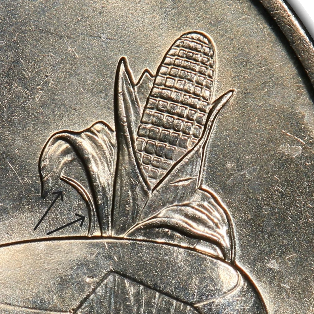2004-D Wisconsin quarter High Leaf variety — close-up of corn stalk area