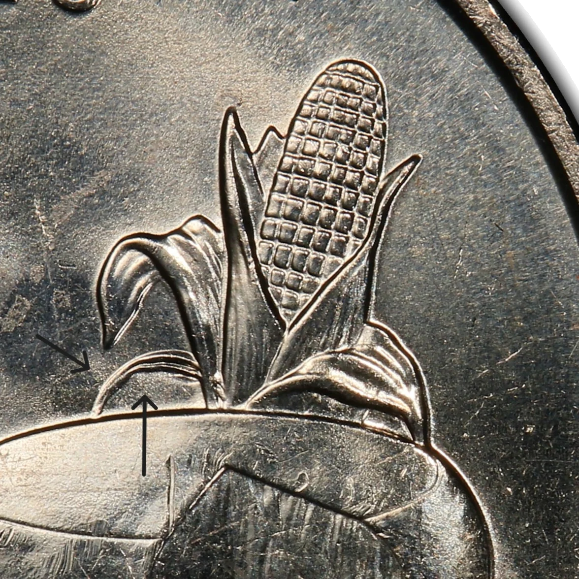 2004-D Wisconsin quarter Low Leaf variety — close-up of corn stalk area