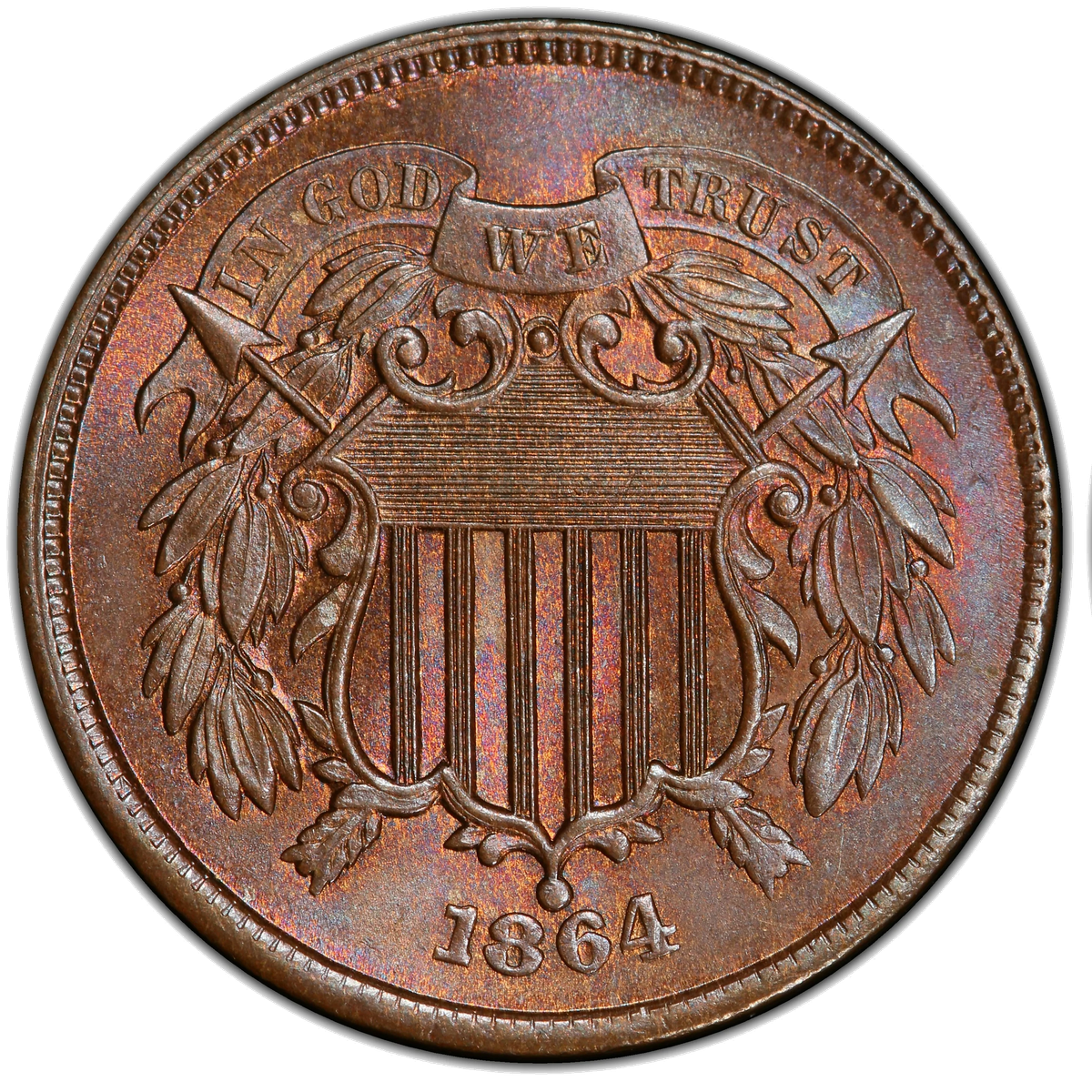 1864 two-cent piece showing IN GOD WE TRUST motto