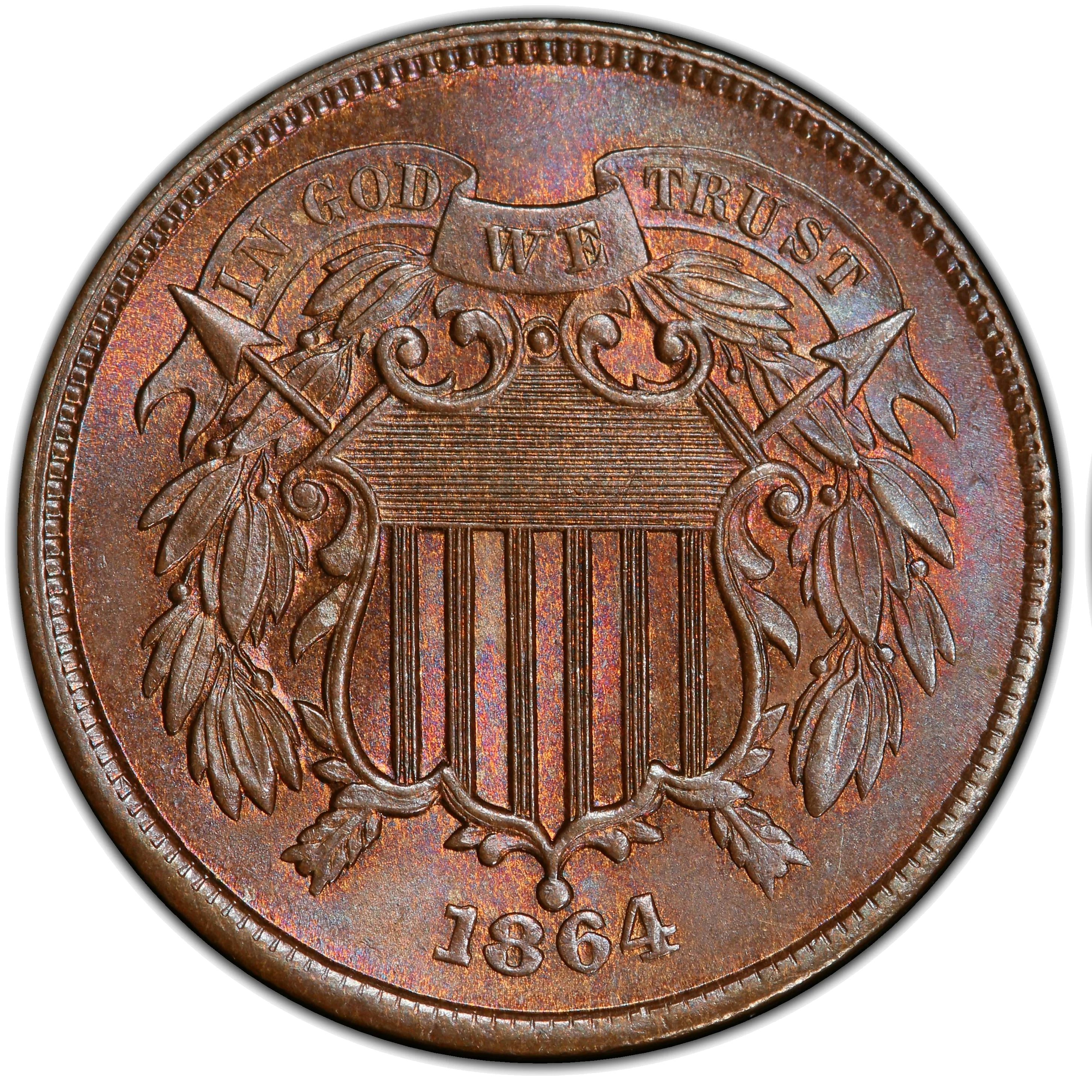 1864 two-cent piece showing IN GOD WE TRUST motto