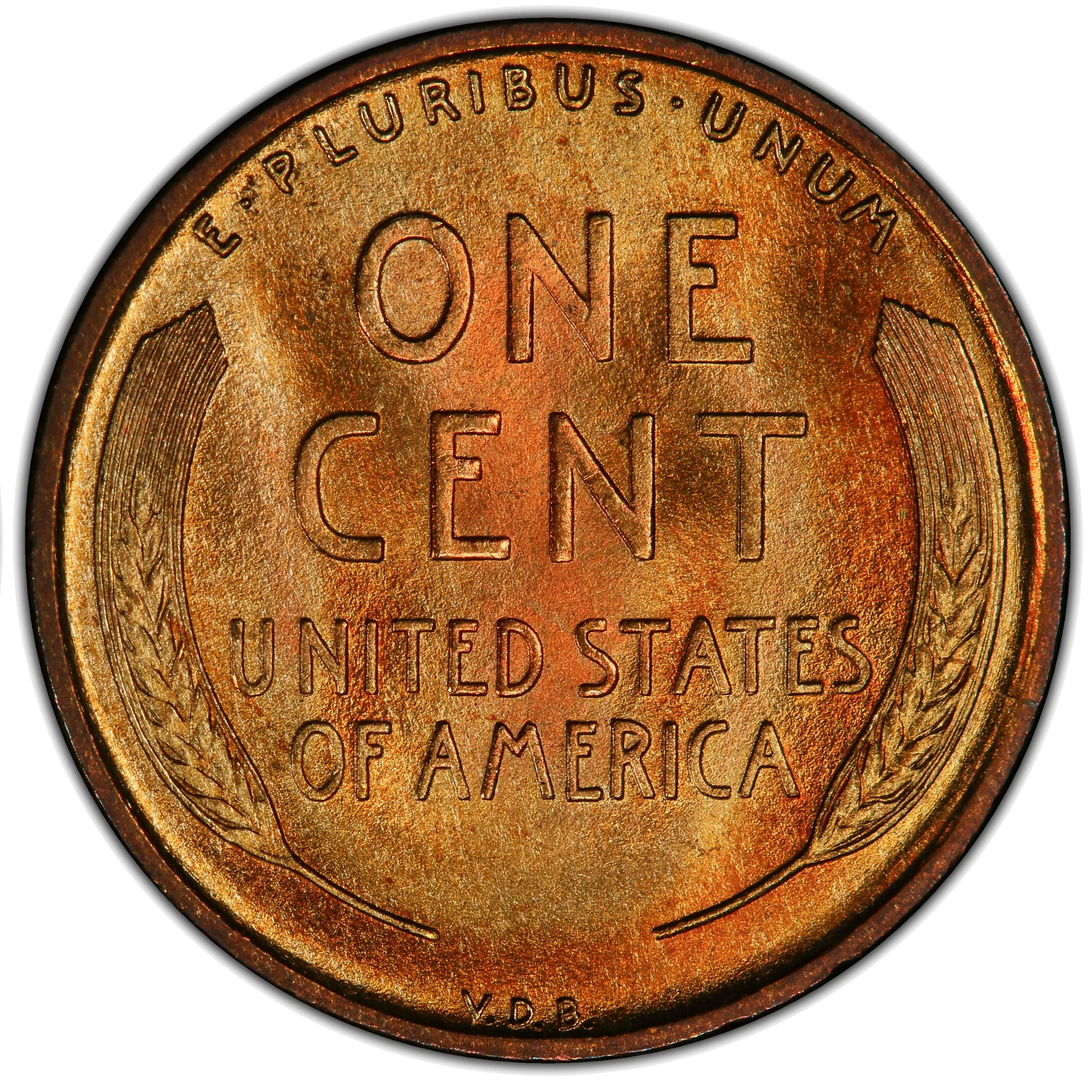 1909 VDB Lincoln cent reverse showing Victor David Brenner initials
