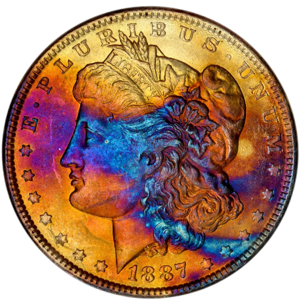 Artificially toned coin with unnatural, uniform colors