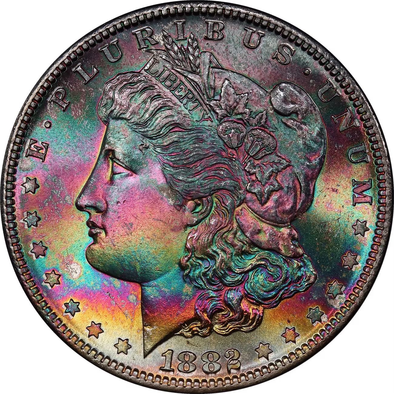Naturally toned Morgan dollar with rainbow/target toning