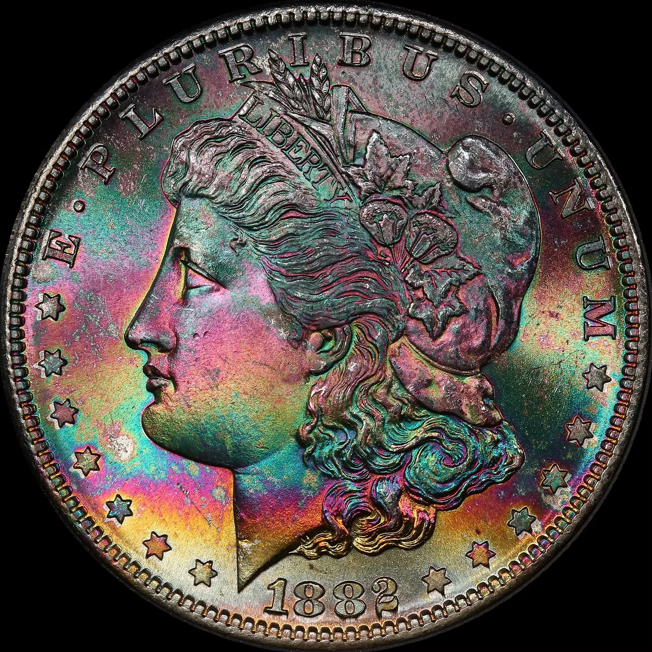 Naturally toned Morgan dollar with rainbow/target toning