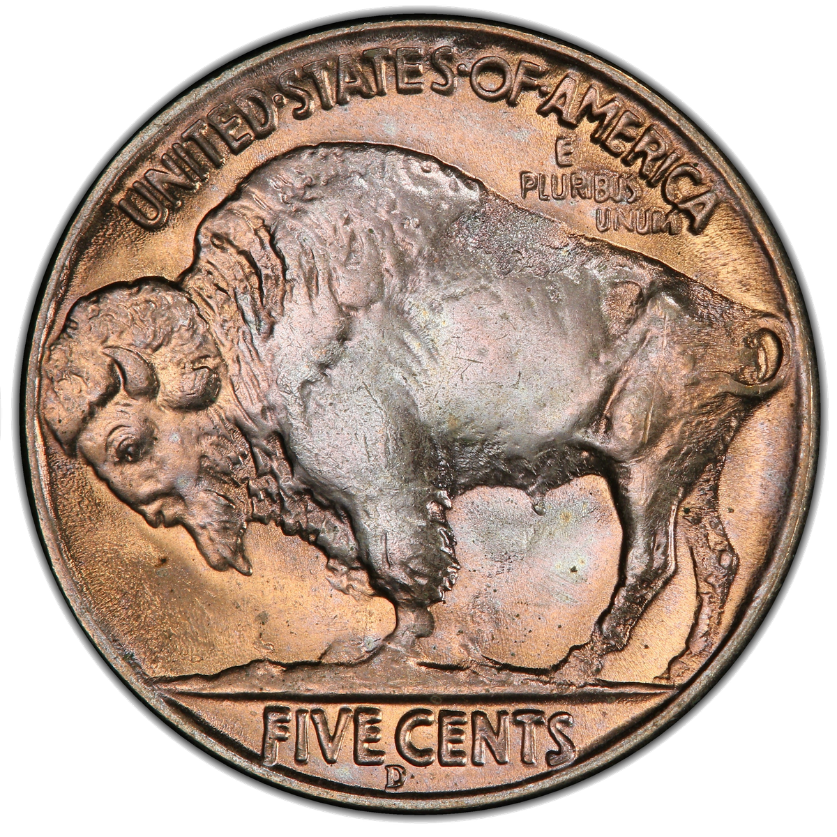 1937-D Three-Legged Buffalo Nickel reverse — the front right leg is almost entirely missing