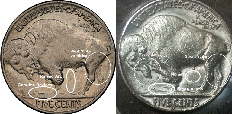 Side-by-side comparison of a genuine 1937-D Three-Legged Buffalo (left) and a counterfeit (right) with diagnostic markers