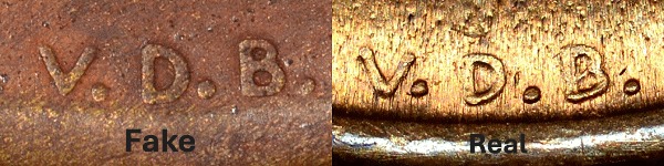 Genuine vs. fake VDB initials comparison
