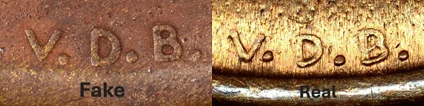 Genuine vs. fake VDB initials comparison