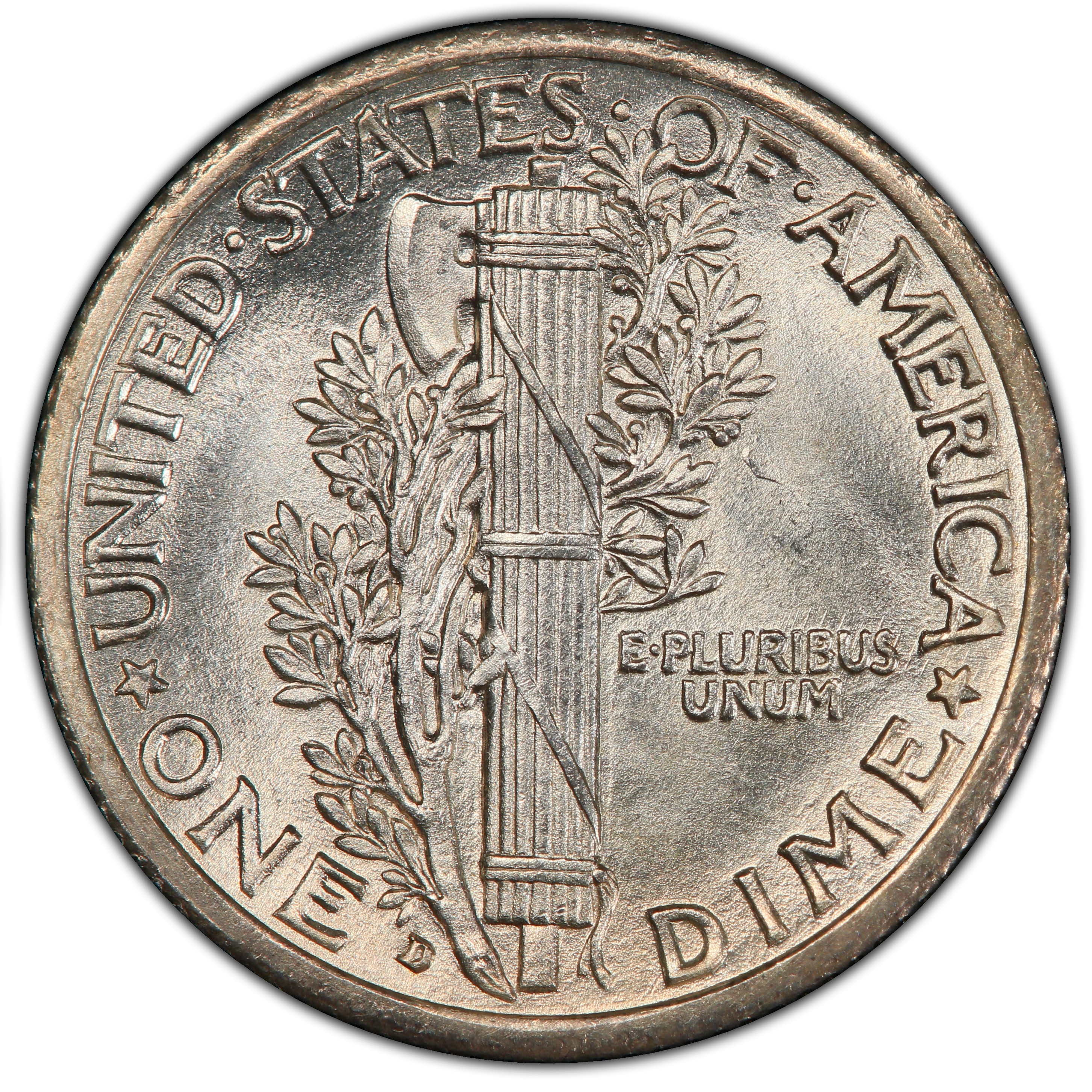 Genuine 1916-D Mercury dime reverse showing D mint mark